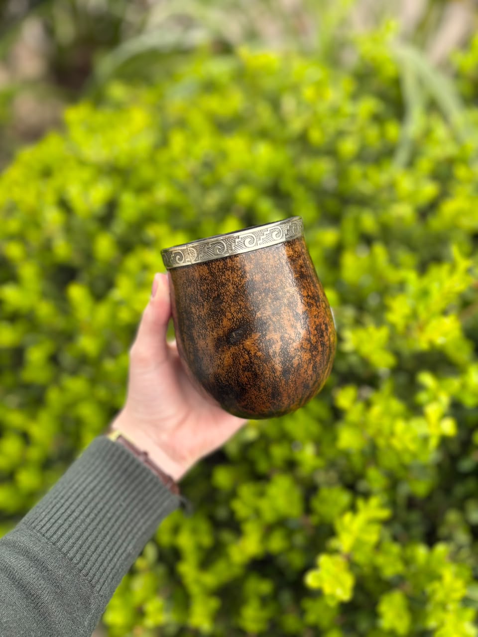 Cuia de porongo com bocal de inox trabalhado segurada na mão com fundo verde